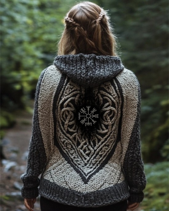 Vintage Viking Vegvisir Celtic Cozy Chunky Hooded Cardigan Vintage Viking Vegvisir Celtic Cozy Chunky Hooded Cardigan