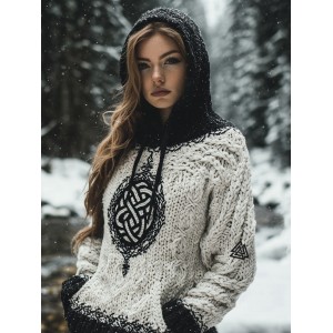 Women's Viking Tribal Jacquard Celtic Chunky Inspired Knit Hooded Sweater
