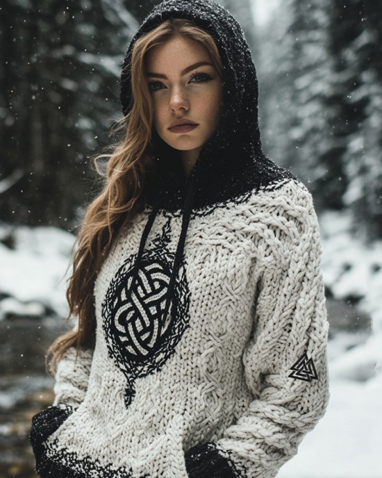 Women's Viking Tribal Jacquard Celtic Chunky Inspired Knit Hooded Sweater Women's Viking Tribal Jacquard Celtic Chunky Inspired Knit Hooded Sweater