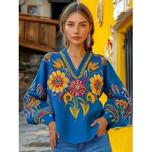 Ukrainian Folk Floral Embroidery Linen V-neck Shirt