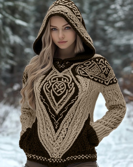 Women's Viking Wolf Style Celtic Thick Hooded Sweater