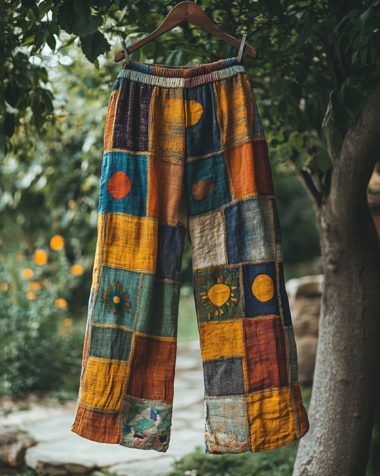 Vintage Color Block Linen Blend Loose Pants Vintage Color Block Linen Blend Loose Pants