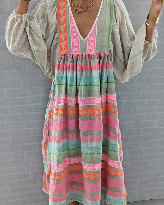 Vintage Colorful Linen Blend Midi Dress Vintage Colorful Linen Blend Midi Dress