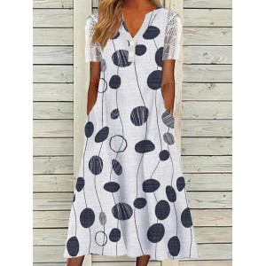 Geometric Lines Lace Patchwork Sleeve Midi Dress