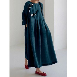 Whales Embroidery Art Vintage Linen Blend Maxi Dress