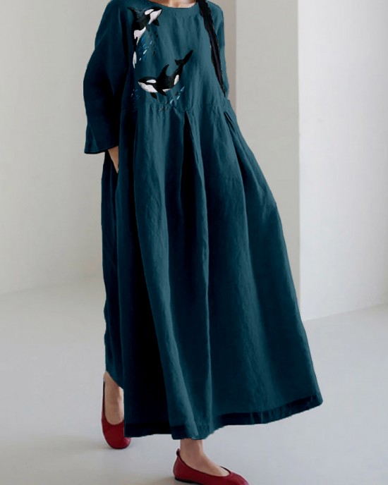 Whales Embroidery Art Vintage Linen Blend Maxi Dress Whales Embroidery Art Vintage Linen Blend Maxi Dress