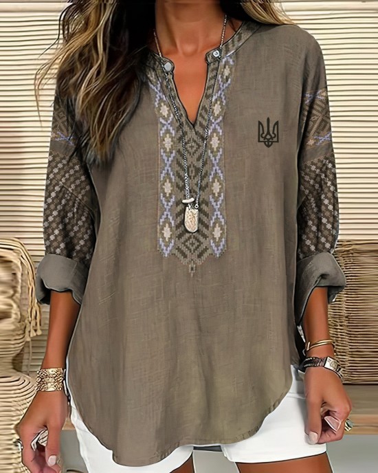 Women's Ukraine Ethnic Art Print V-neck Linen Blend Shirt