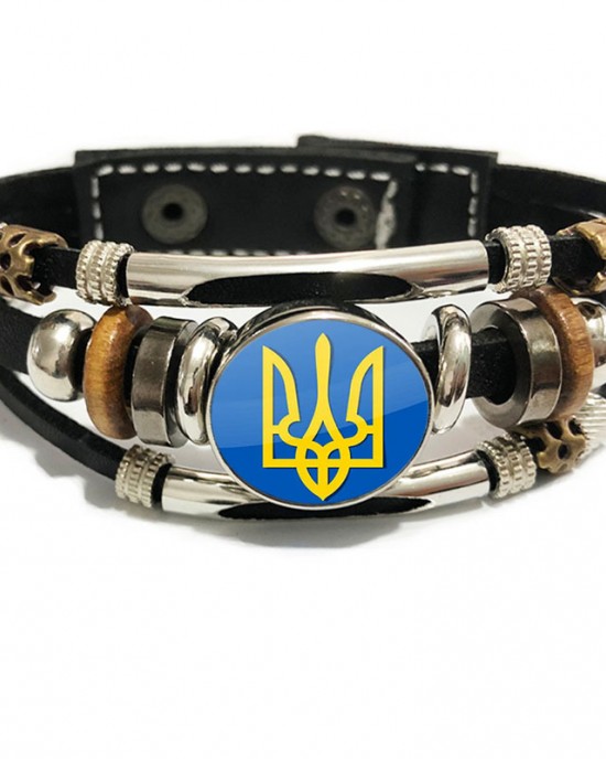 Ukraine Handmade Glass Round Snap Wide Leather Bracelet