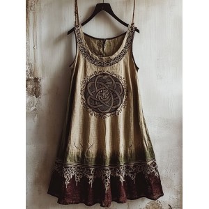 Vintage Viking Totem Color Block Linen Tank Dress