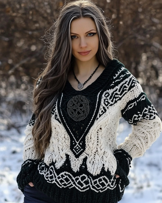 Women's Viking Rune Knit Jacquard V-neck Sweater
