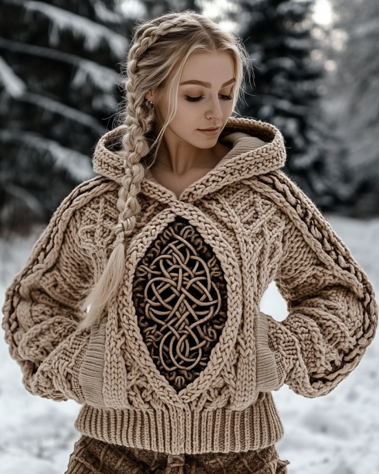 Women's Viking Tree Of Life Jacquard Celtic Knit Hooded Sweater Women's Viking Tree Of Life Jacquard Celtic Knit Hooded Sweater