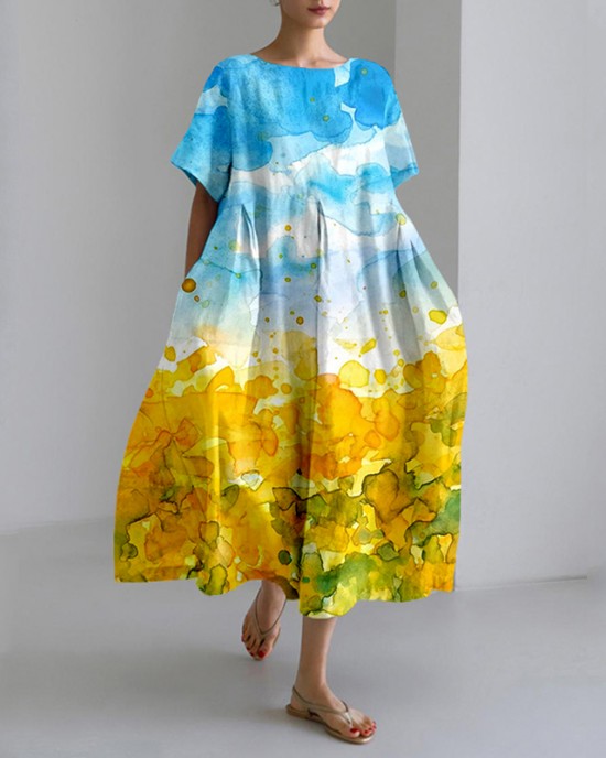 Ukrainian Abstract Sunflowers Art Linen Blend Maxi Dress Ukrainian Abstract Sunflowers Art Linen Blend Maxi Dress