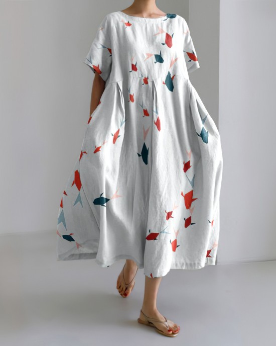 Fish Print Round Neck Short Sleeve Loose Midi Dress Fish Print Round Neck Short Sleeve Loose Midi Dress