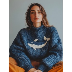 Ocean Whale Embroidery Vintage Cozy Knit Sweater