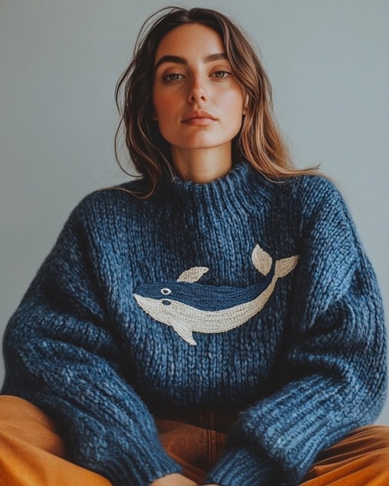 Ocean Whale Embroidery Vintage Cozy Knit Sweater Ocean Whale Embroidery Vintage Cozy Knit Sweater