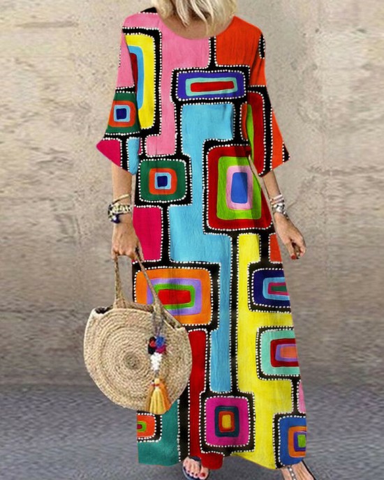 Geometric Abstract Art Women's Linen Maxi Dress Geometric Abstract Art Women's Linen Maxi Dress