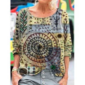 Geometric Stitch Embroidery Pattern Women's Linen Long Sleeve T-shirt