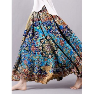 Vintage Bohemian Floral Geometric Patchwork Linen Skirt