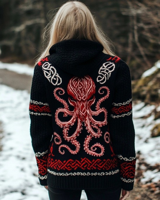 Cthulu Celtic Cozy Jacquard Chunky Hooded Cardigan Cthulu Celtic Cozy Jacquard Chunky Hooded Cardigan