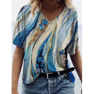Abstract Sea Waves Glitter Art V Neck T Shirt