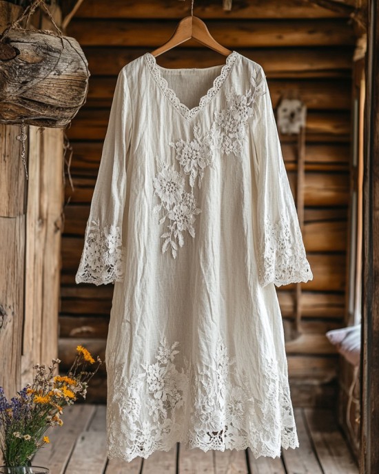Retro Floral Embroidery Lace Art Linen Blend Maxi Dress Retro Floral Embroidery Lace Art Linen Blend Maxi Dress