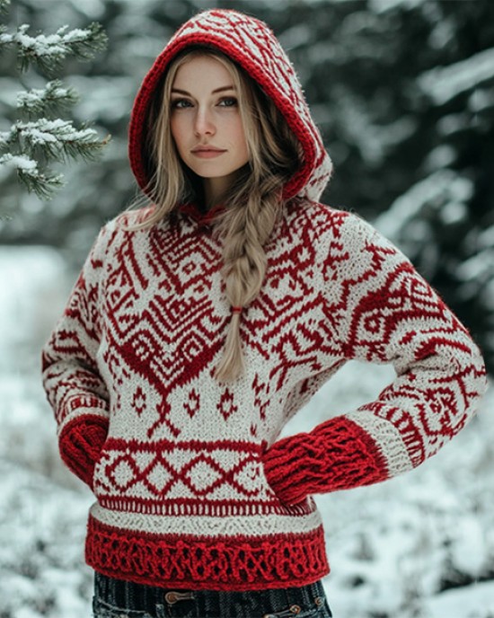 Women's Vintage Viking Valentine's Day Love Jacquard Hooded Sweater Women's Vintage Viking Valentine's Day Love Jacquard Hooded Sweater