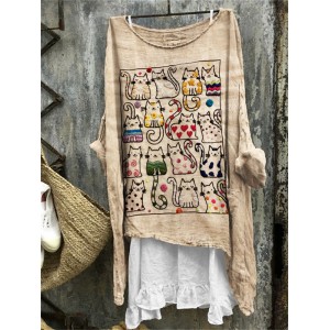 Colorful Cats Embroidered Art Linen Blend Tunic