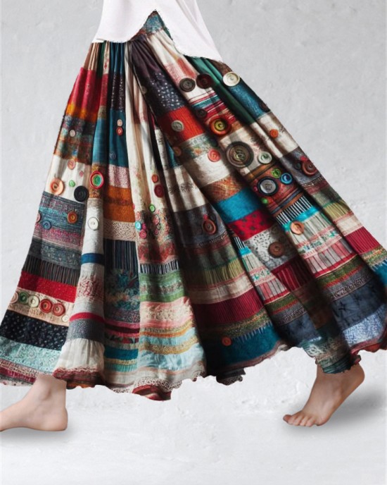 Vintage Boho Colorful Textile Flowy Wide Skirt Vintage Boho Colorful Textile Flowy Wide Skirt