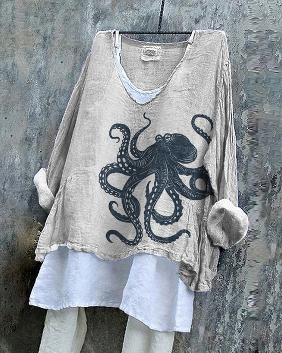Vintage Japanese Art Octopus V Neck Linen Blend Shirt Vintage Japanese Art Octopus V Neck Linen Blend Shirt