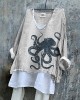 Vintage Japanese Art Octopus V Neck Linen Blend Shirt Vintage Japanese Art Octopus V Neck Linen Blend Shirt