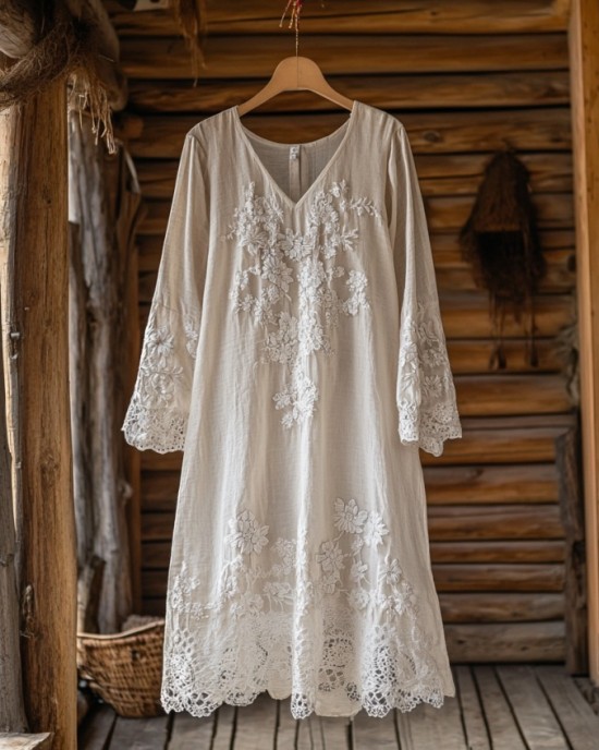 Floral Embroidery Lace Art Linen Blend Maxi Dress Floral Embroidery Lace Art Linen Blend Maxi Dress