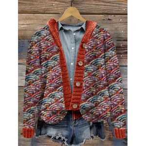 Colorful Japanese Sea Waves Knit Art Hooded Cardigan