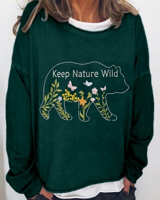 Keep Nature Wild Floral Bear Embroidered Comfy T Shirt