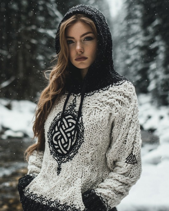 Women's Viking Tribal Jacquard Celtic Chunky Inspired Knit Hooded Sweater Women's Viking Tribal Jacquard Celtic Chunky Inspired Knit Hooded Sweater