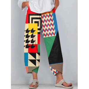 Women's Abstract Art Geometric Pattern Linen Blend Pants