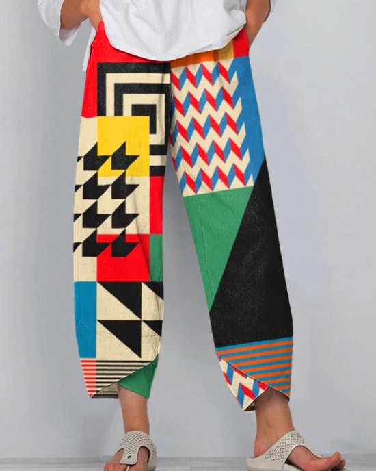 Women's Abstract Art Geometric Pattern Linen Blend Pants Women's Abstract Art Geometric Pattern Linen Blend Pants