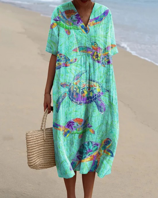 Women's Resort Collection Watercolor Turtle Pattern Pattern Casual Flowy Midi Dress
