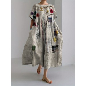 Colorful Embroidered Japanese Sashiko Art Linen Blend Maxi Dress