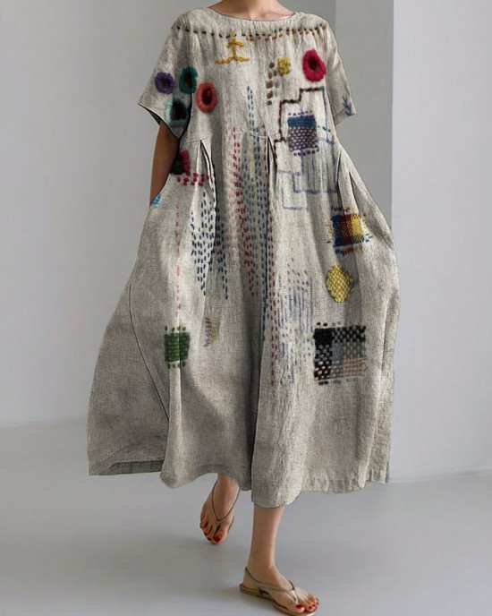 Colorful Embroidered Japanese Sashiko Art Linen Blend Maxi Dress Colorful Embroidered Japanese Sashiko Art Linen Blend Maxi Dress