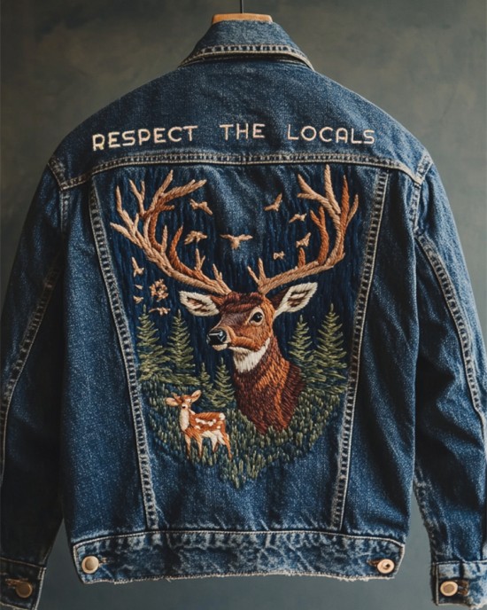 Respect The Locals Forest Deer Embroidered Denim Jacket Respect The Locals Forest Deer Embroidered Denim Jacket