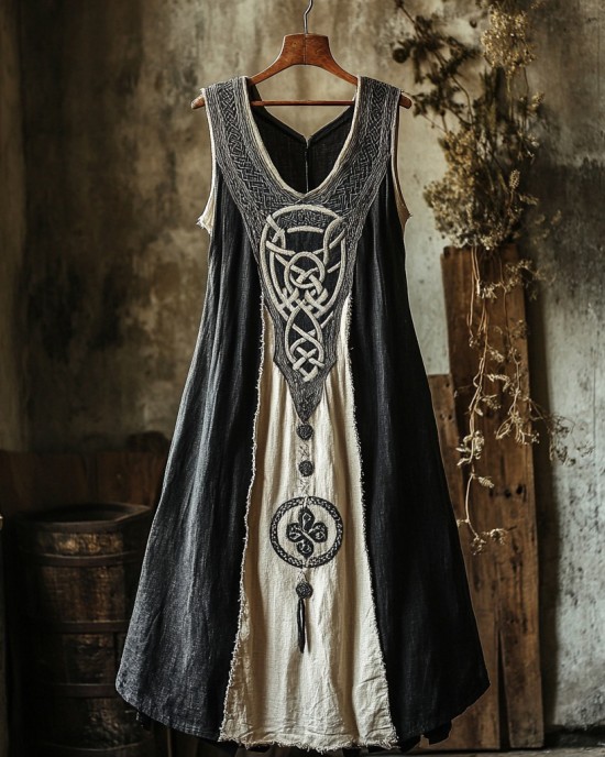 Tribal Celtic Embroidery Patchwork Art Linen Tank Dress Tribal Celtic Embroidery Patchwork Art Linen Tank Dress