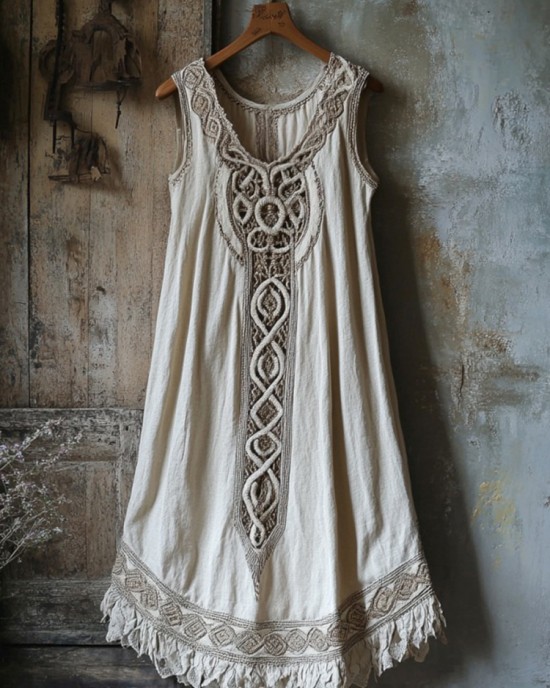 Vintage Tribal Celtic Knot Lace Art Linen Tank Dress