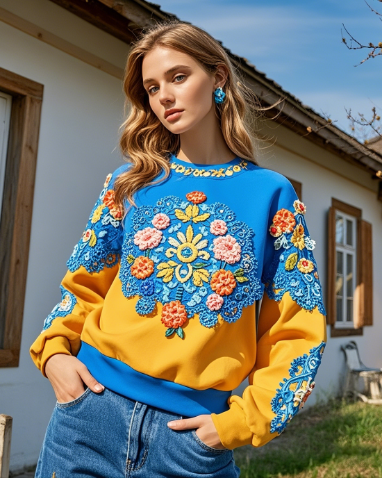 Ukraine Floral Embroidered Crew Neck Casual Sweatshirt Ukraine Floral Embroidered Crew Neck Casual Sweatshirt