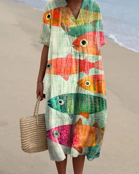 Women's Holiday Series Art Fish Pattern Pattern Casual Flowy Midi Dress Women's Holiday Series Art Fish Pattern Pattern Casual Flowy Midi Dress