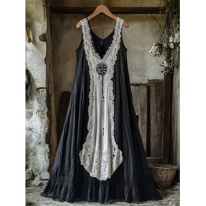 Viking Vegvisir Embroidered Lace Contrast Linen Tank Dress