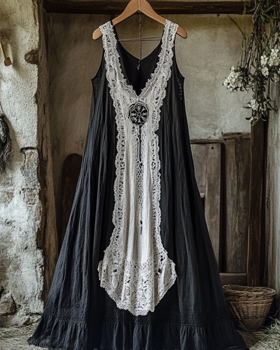 Viking Vegvisir Embroidered Lace Contrast Linen Tank Dress Viking Vegvisir Embroidered Lace Contrast Linen Tank Dress