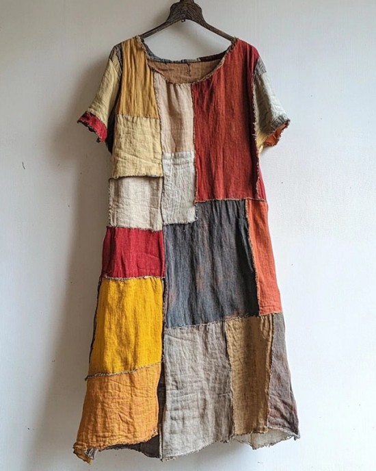 Vintage Patchwork Art Linen Blend Midi Dress Vintage Patchwork Art Linen Blend Midi Dress