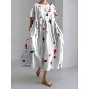 Fish Print Round Neck Short Sleeve Loose Midi Dress