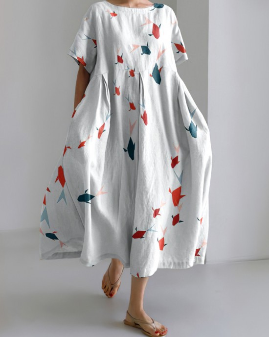 Fish Print Round Neck Short Sleeve Loose Midi Dress Fish Print Round Neck Short Sleeve Loose Midi Dress