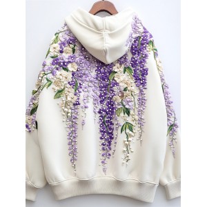 Women's Purple Floral Beaded Embroidered Cozy Hoodie